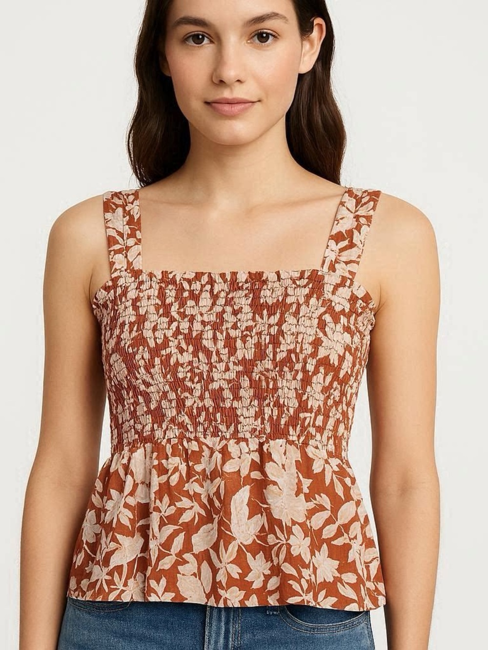 Old Navy Cream and Rust Floral Smocked Top